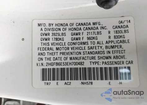2014 Honda Civic Lx from USA, damaged, VIN 2HGFB2F54EH700482